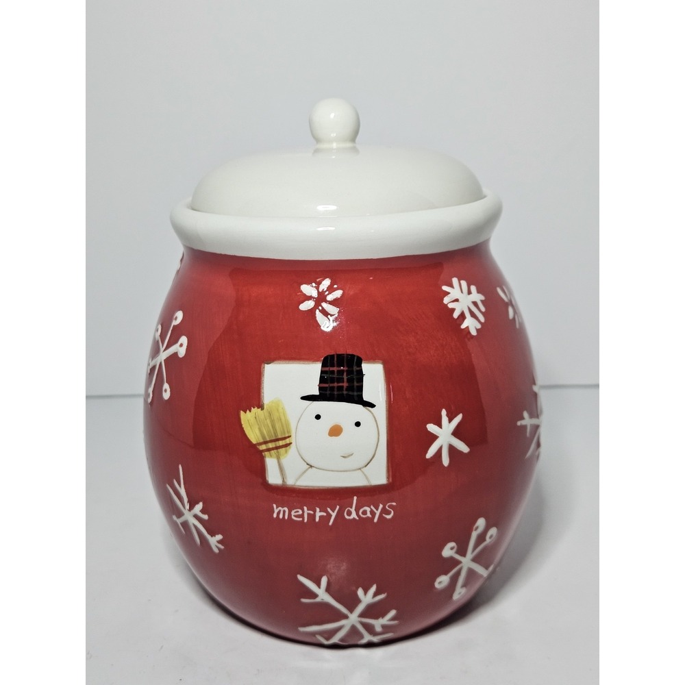 Hallmark Merry Days Christmas Cookie Jar Red Ceramic Snowman Snowflake Holiday